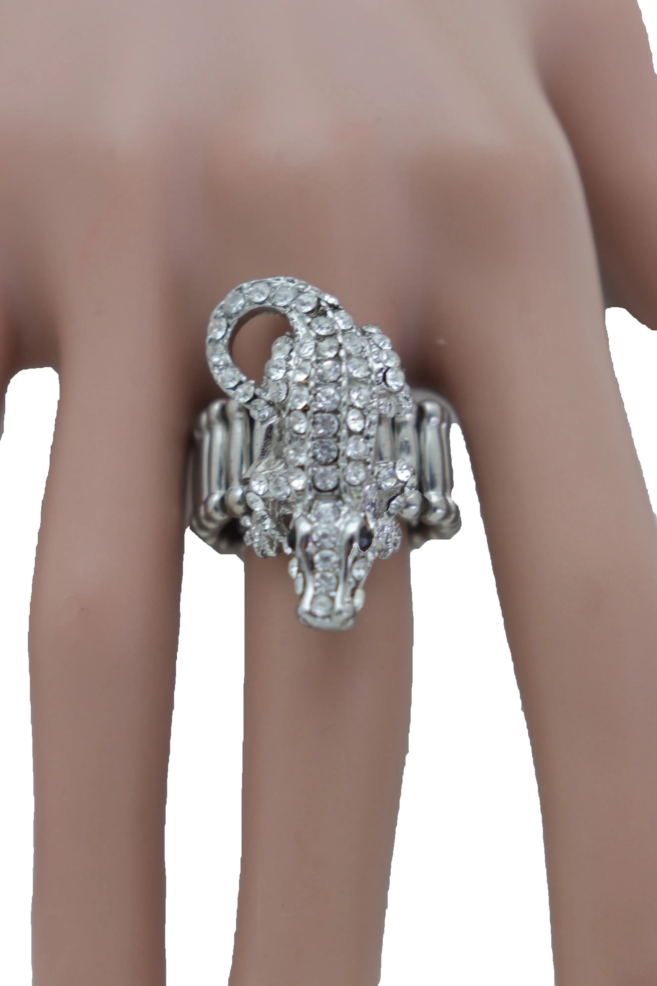 Silver Rhinestone Alligator Crocodile Elastic Band Ring