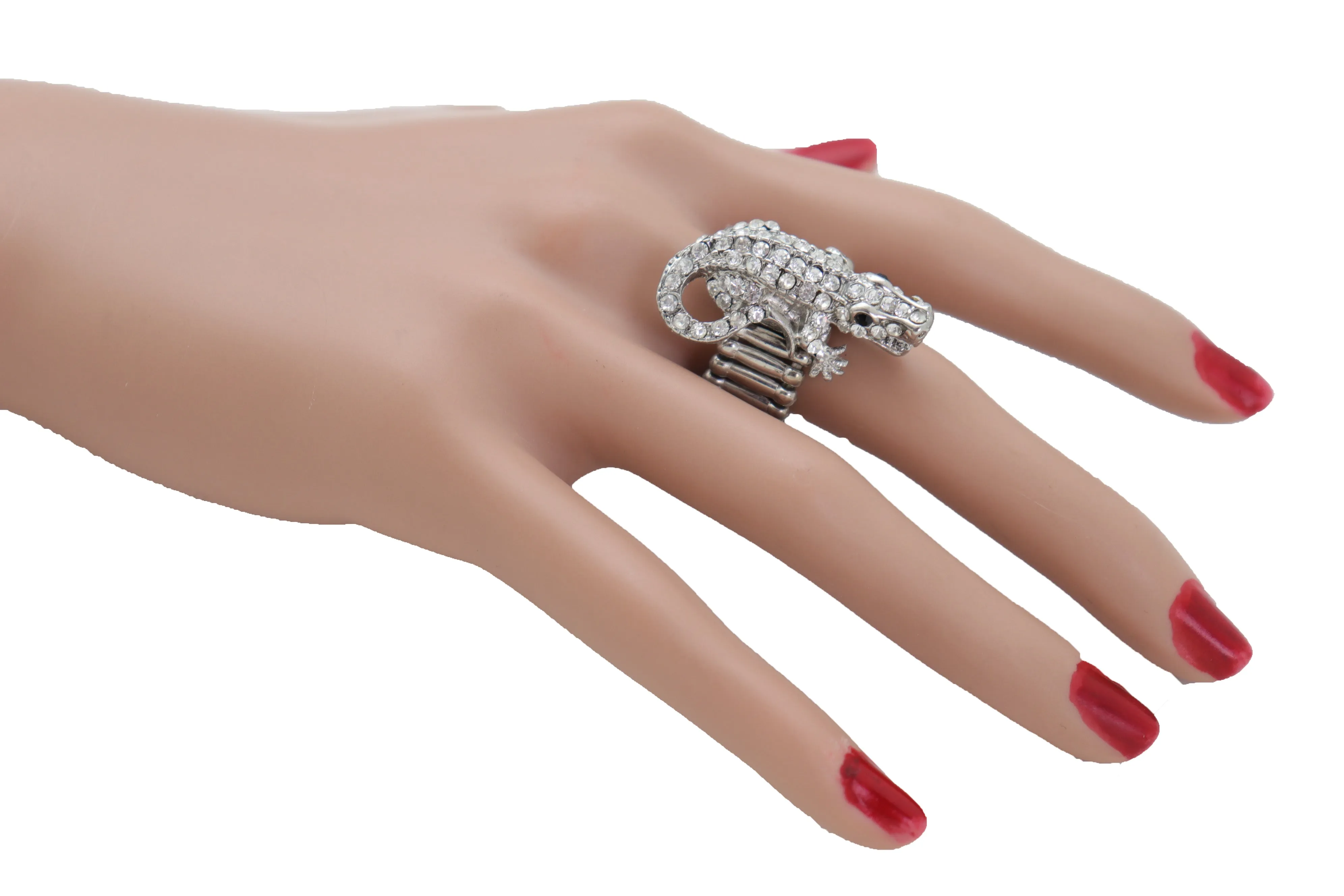 Silver Rhinestone Alligator Crocodile Elastic Band Ring