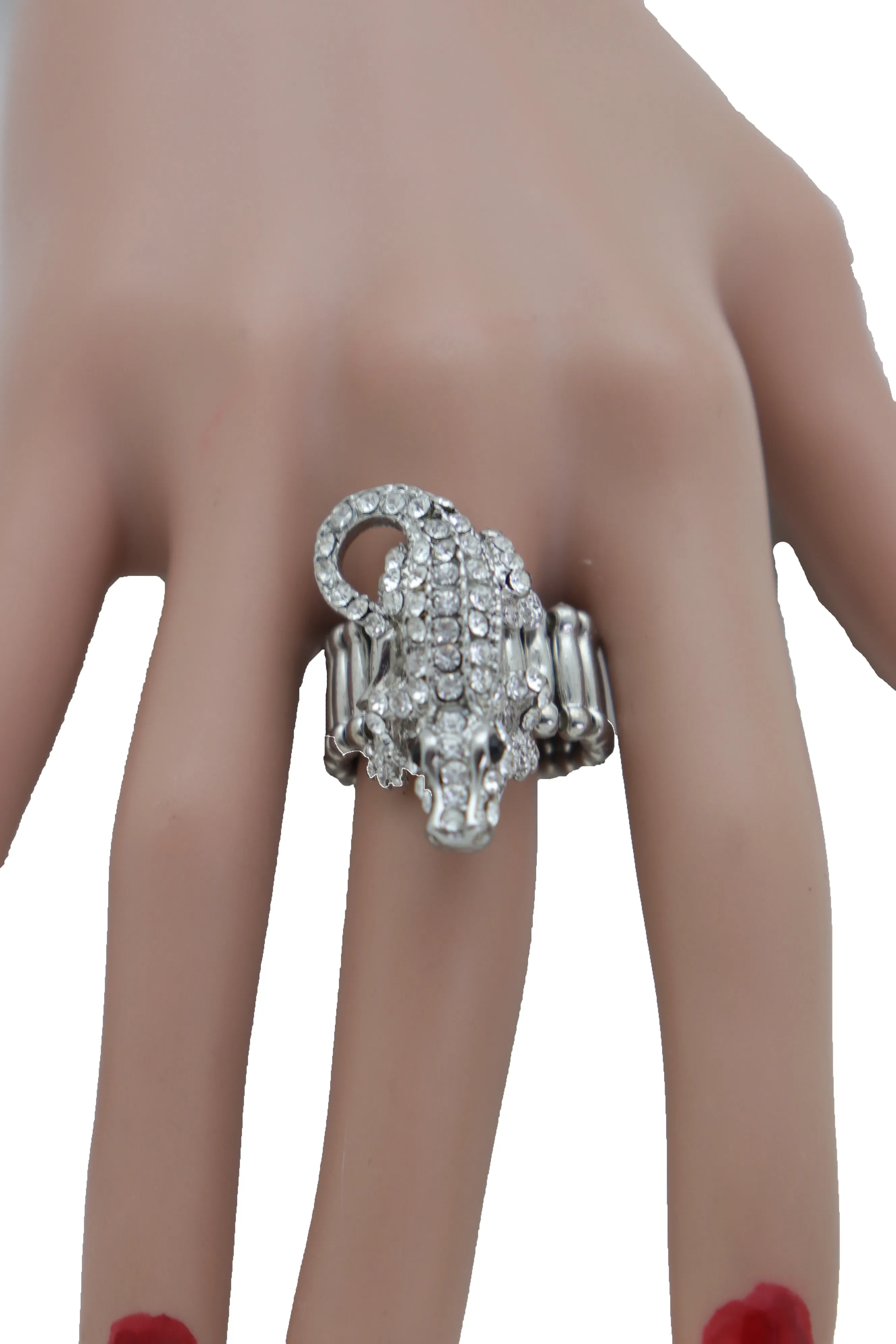 Silver Rhinestone Alligator Crocodile Elastic Band Ring