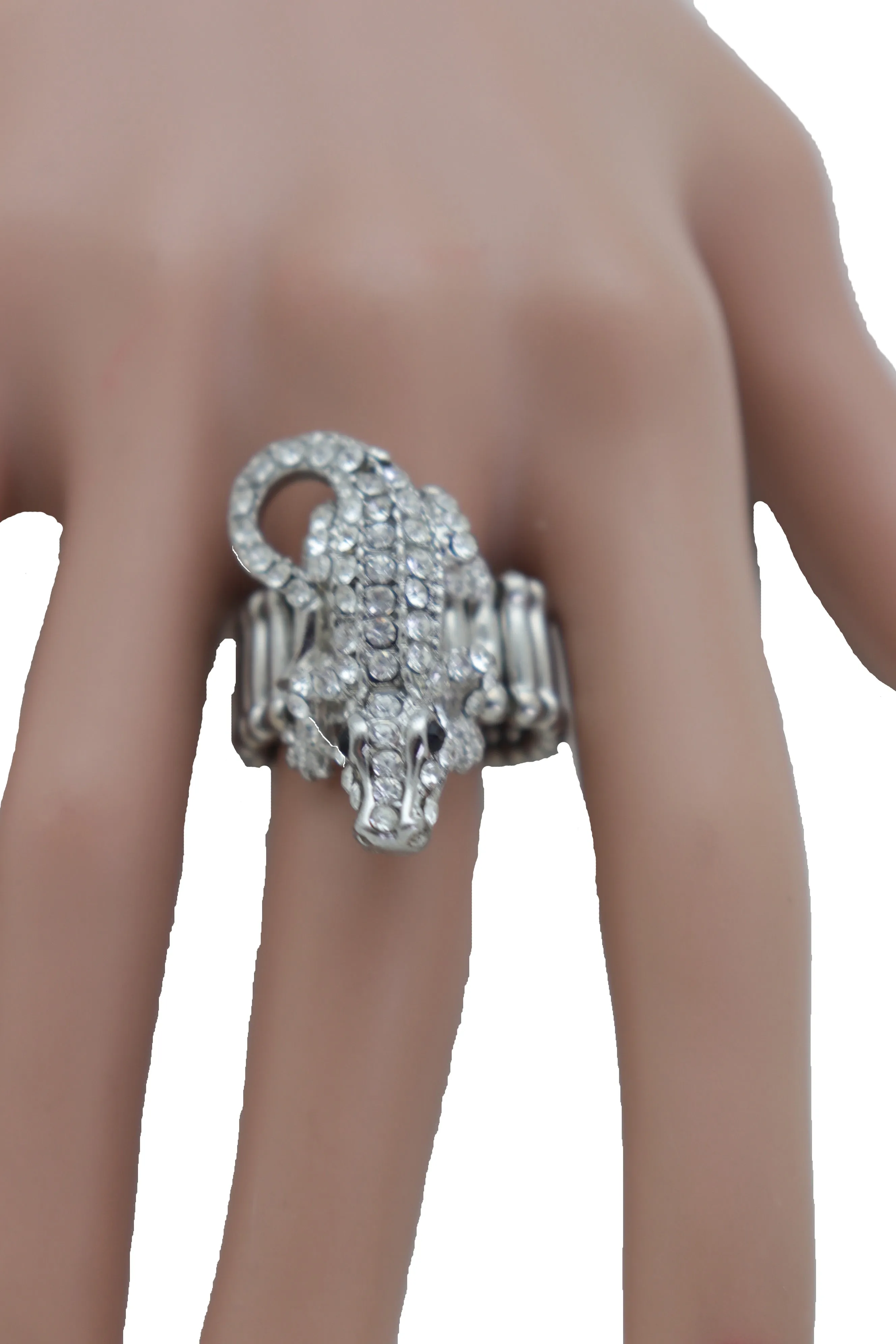 Silver Rhinestone Alligator Crocodile Elastic Band Ring