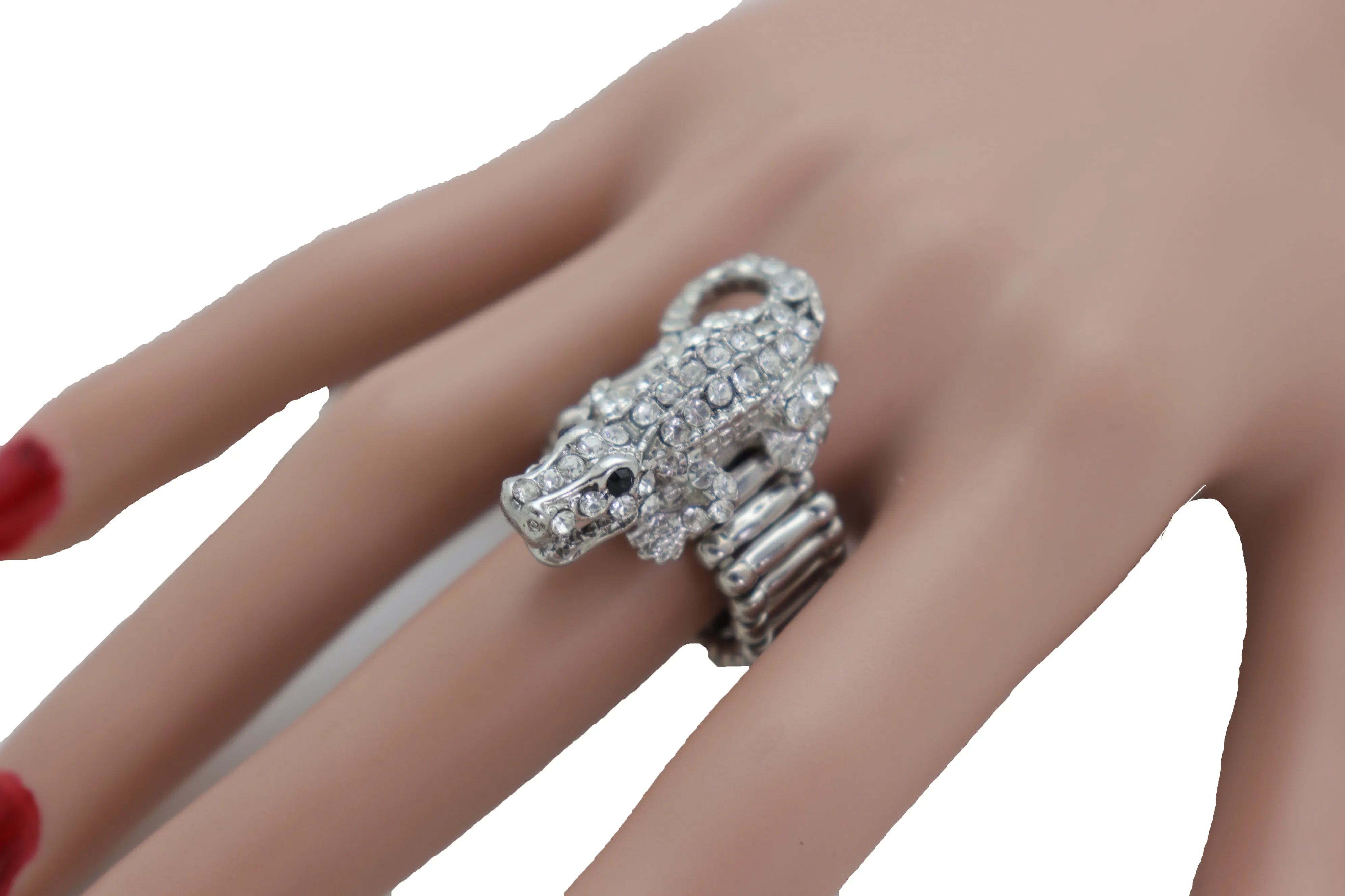 Silver Rhinestone Alligator Crocodile Elastic Band Ring