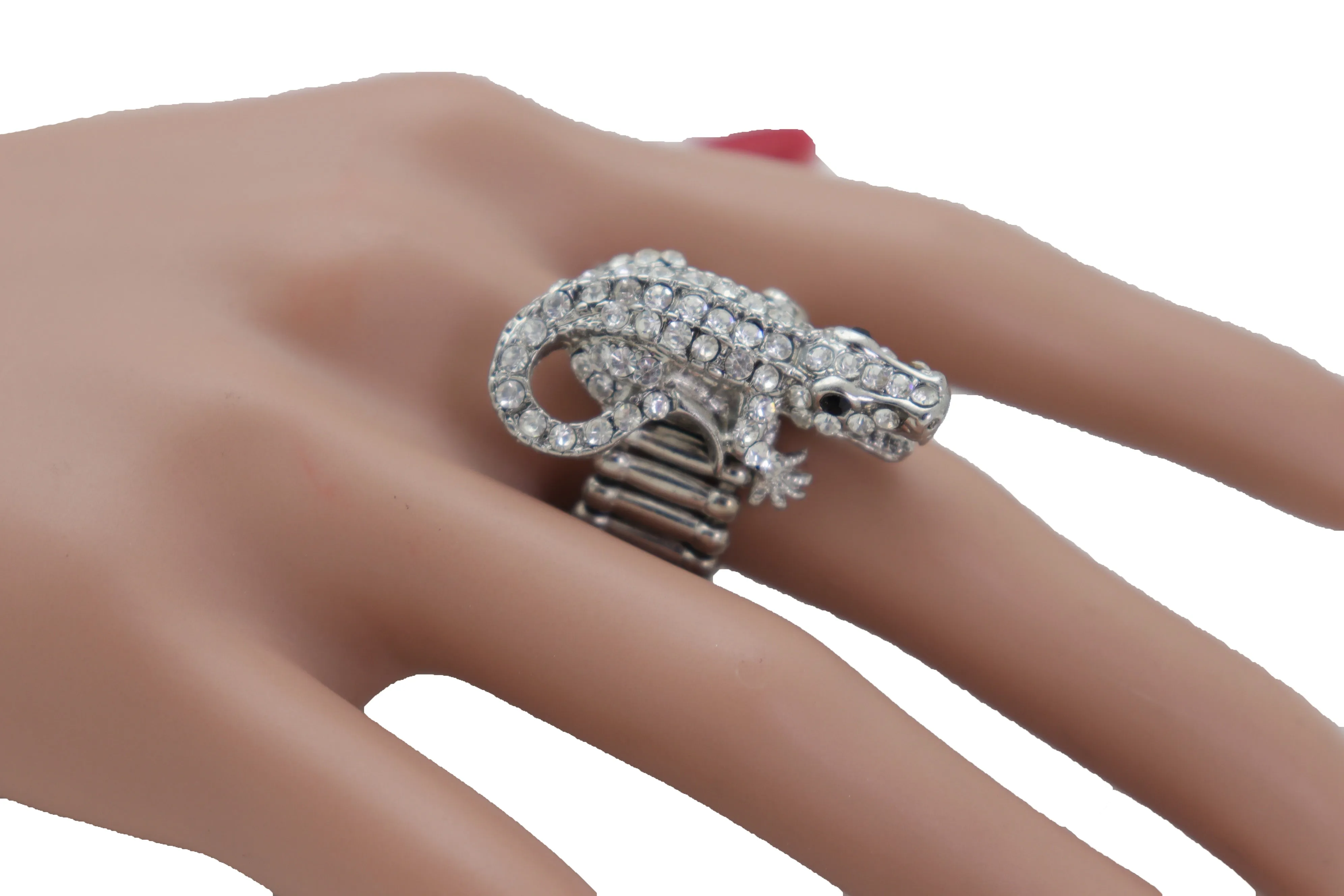 Silver Rhinestone Alligator Crocodile Elastic Band Ring