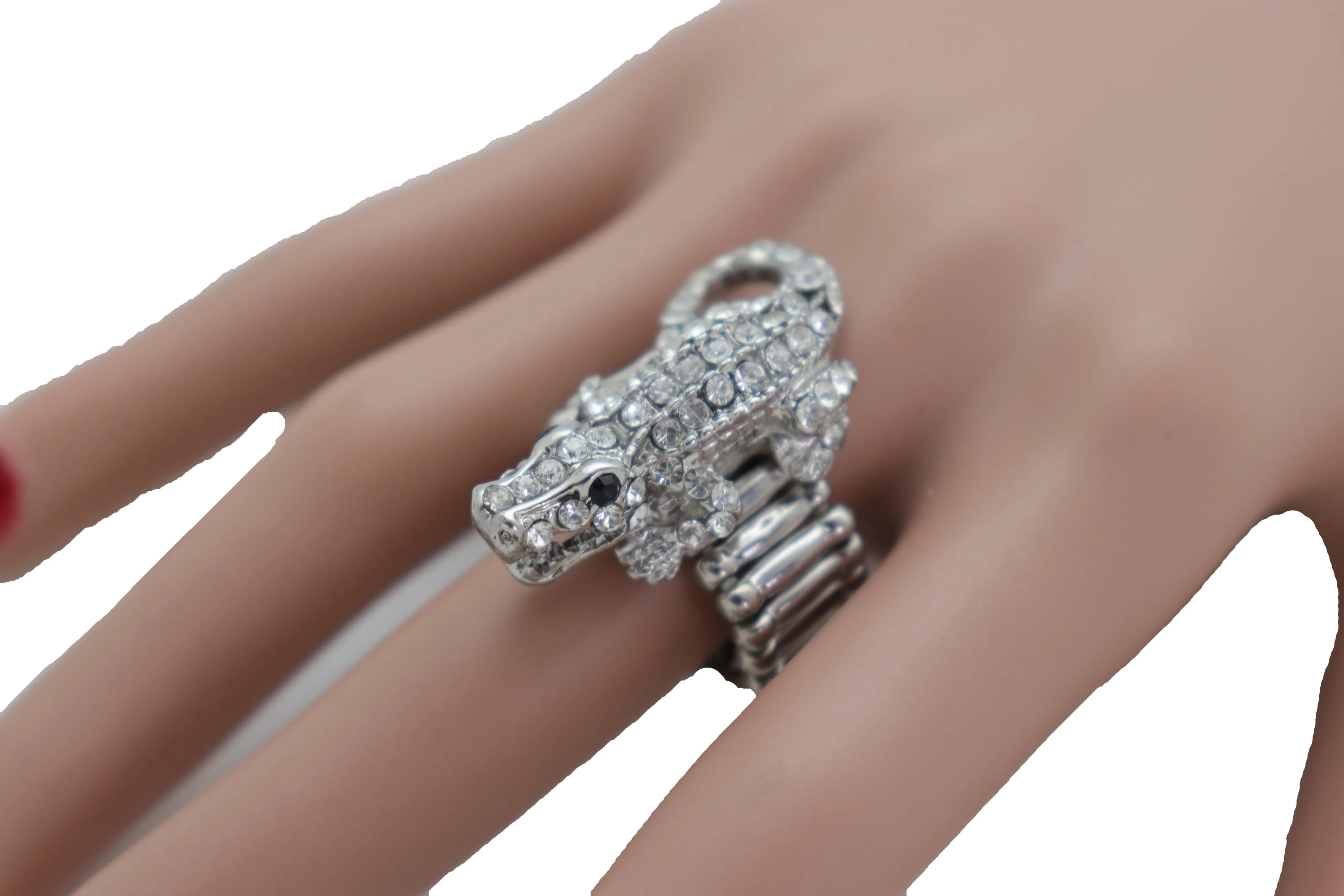 Silver Rhinestone Alligator Crocodile Elastic Band Ring