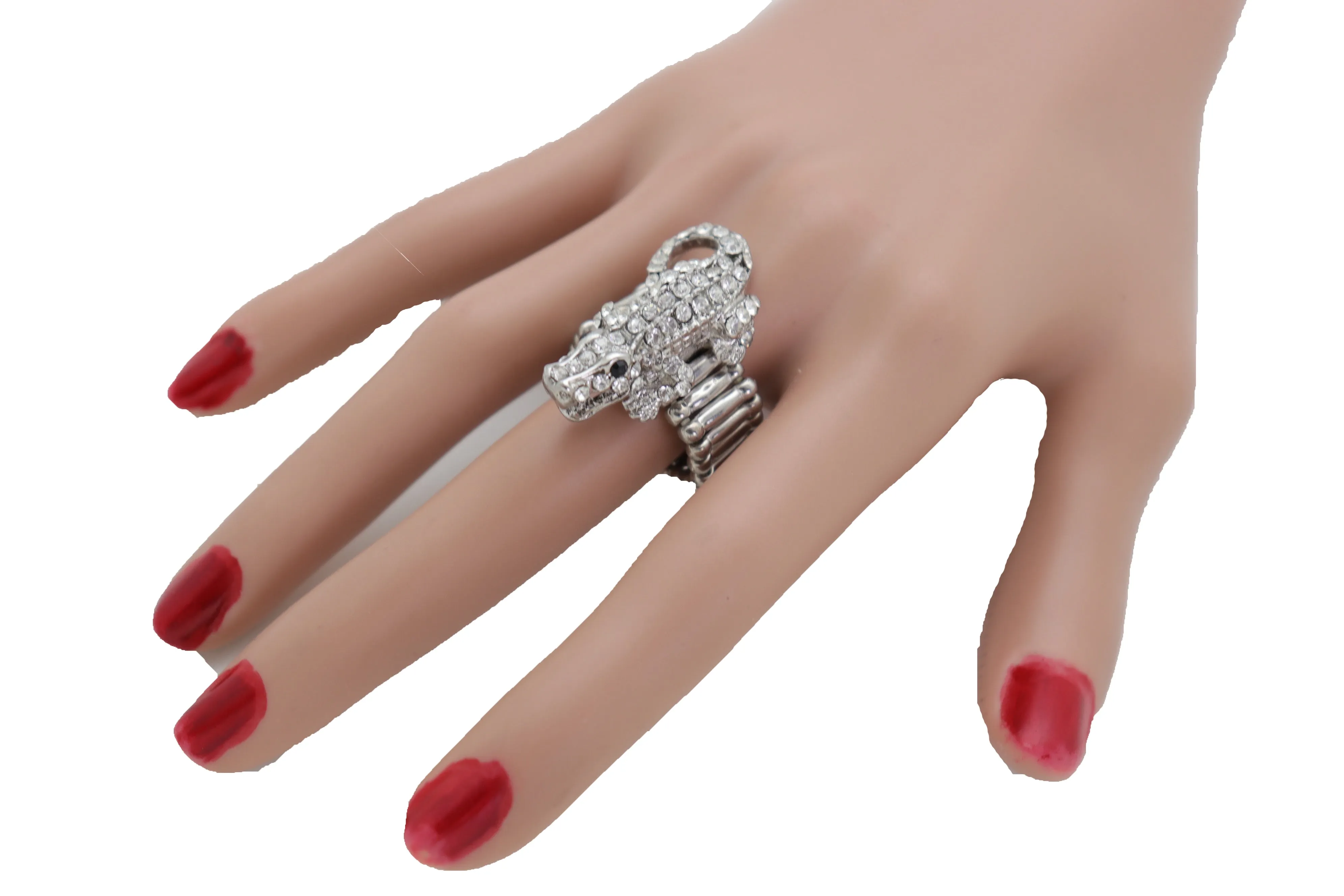 Silver Rhinestone Alligator Crocodile Elastic Band Ring