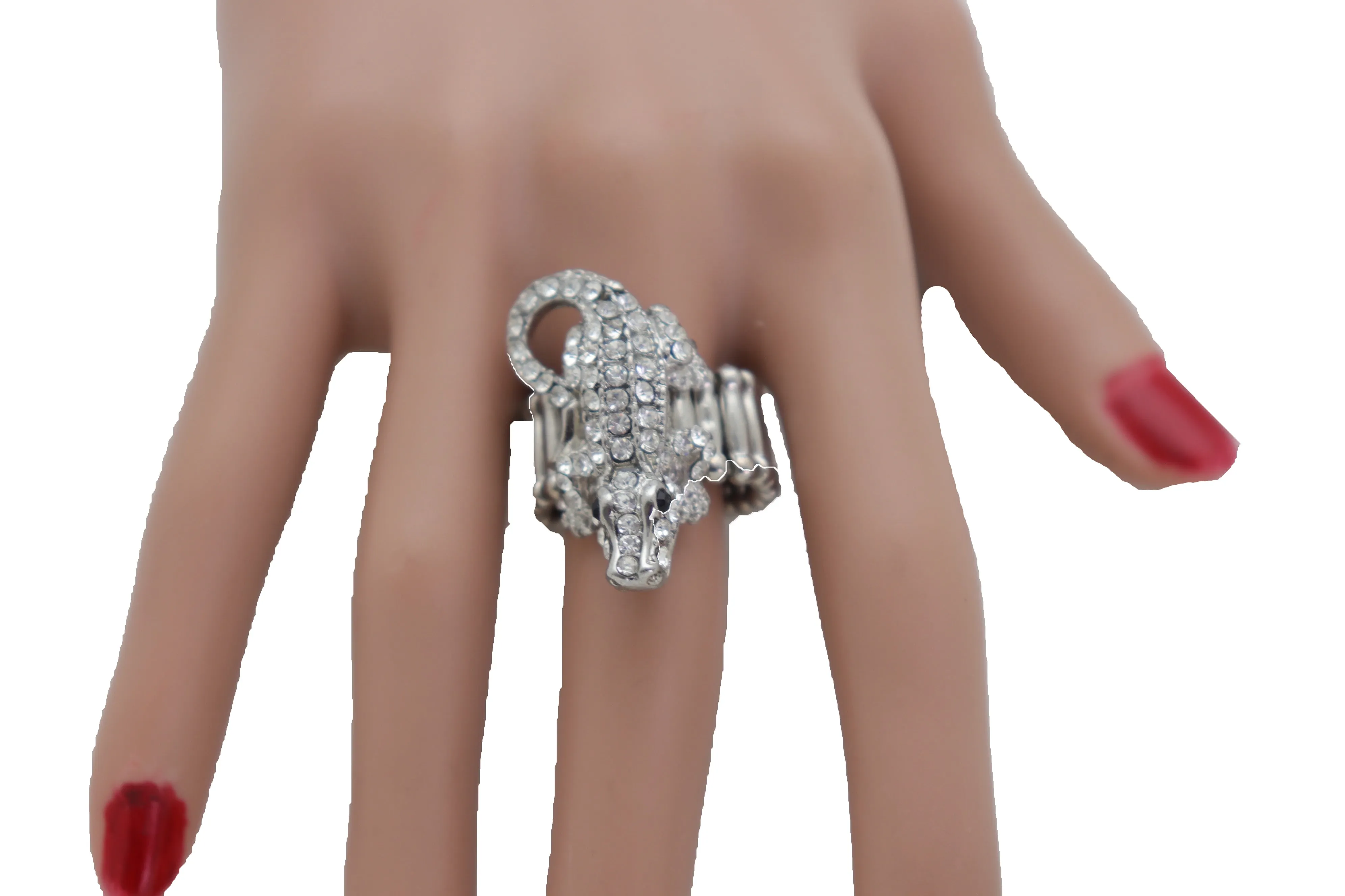 Silver Rhinestone Alligator Crocodile Elastic Band Ring