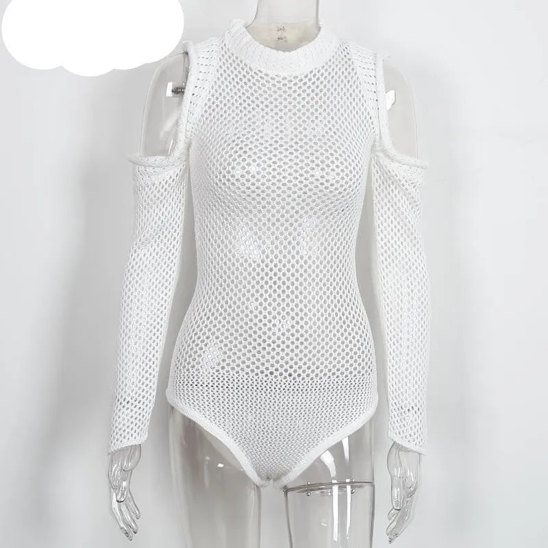 Simplee Hollow out knitted bodysuit women jumpsuit romper autumn winter sweater top Casual elastic playsuit camis macacao