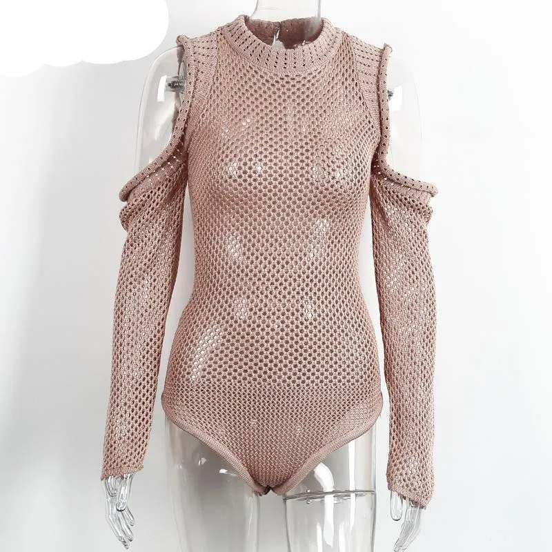Simplee Hollow out knitted bodysuit women jumpsuit romper autumn winter sweater top Casual elastic playsuit camis macacao