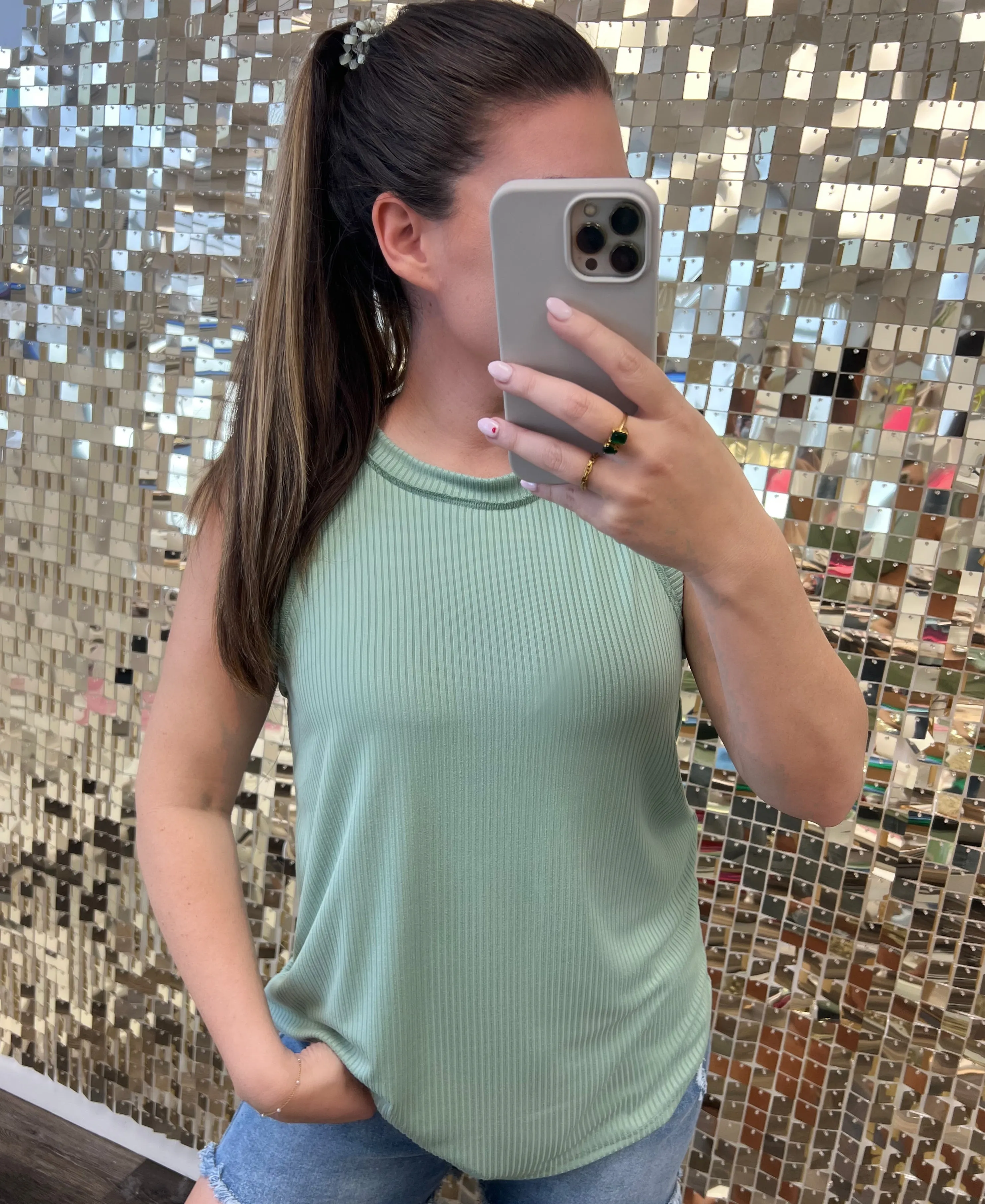 Sleeveless Round Neck Ribbed Top - Sage by Sew In Love