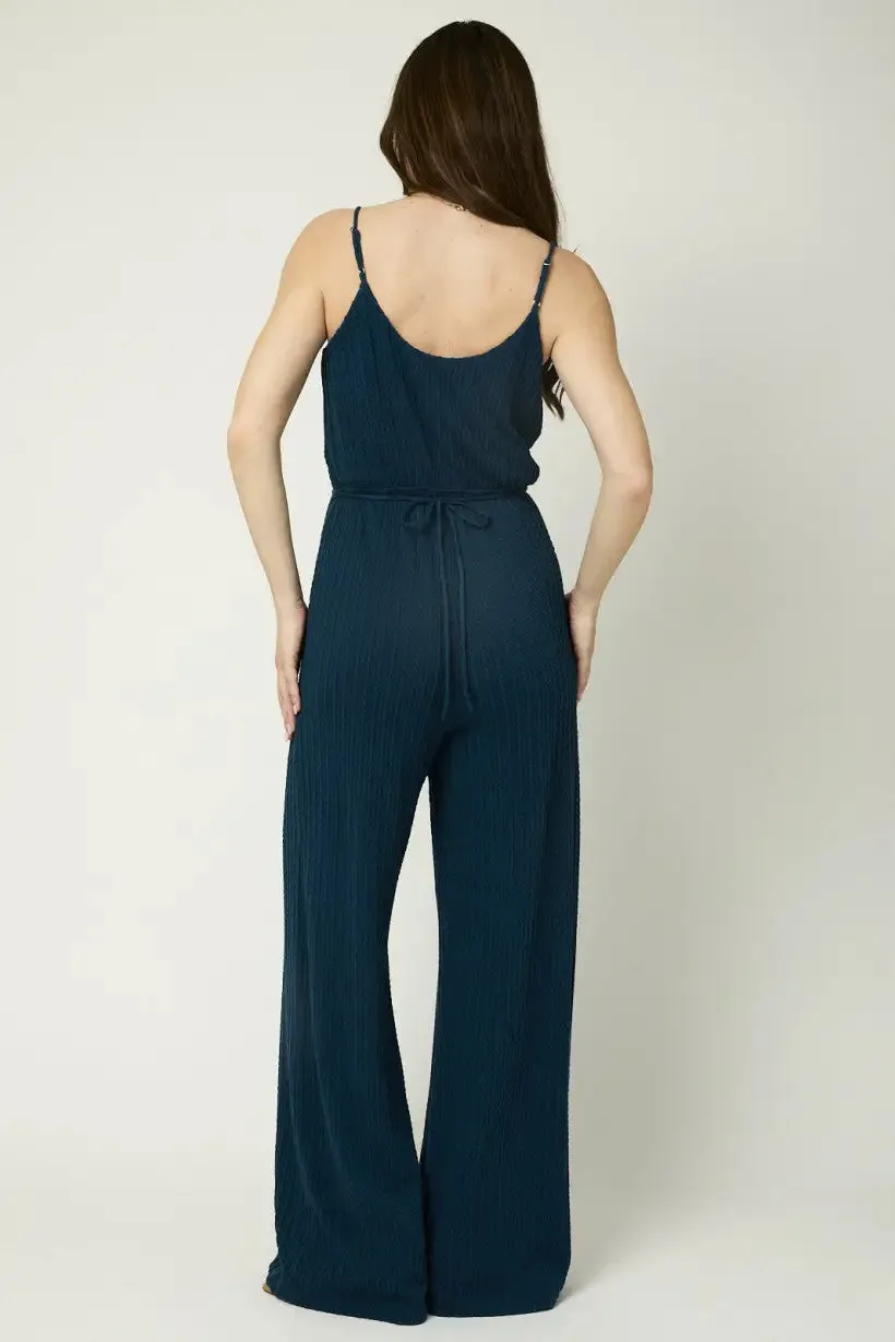 SLEEVELESS SPAGHETTI TIE RIB JUMPSUIT