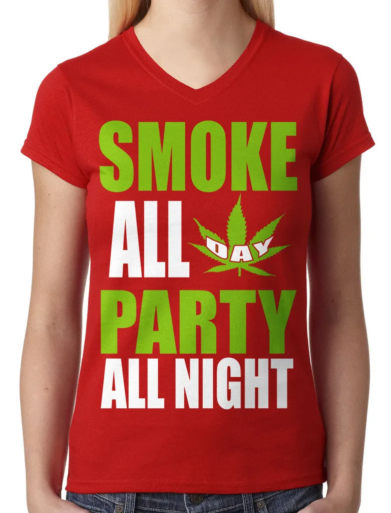 Smoke All Day Party All Night Junior Ladies V-neck T-shirt