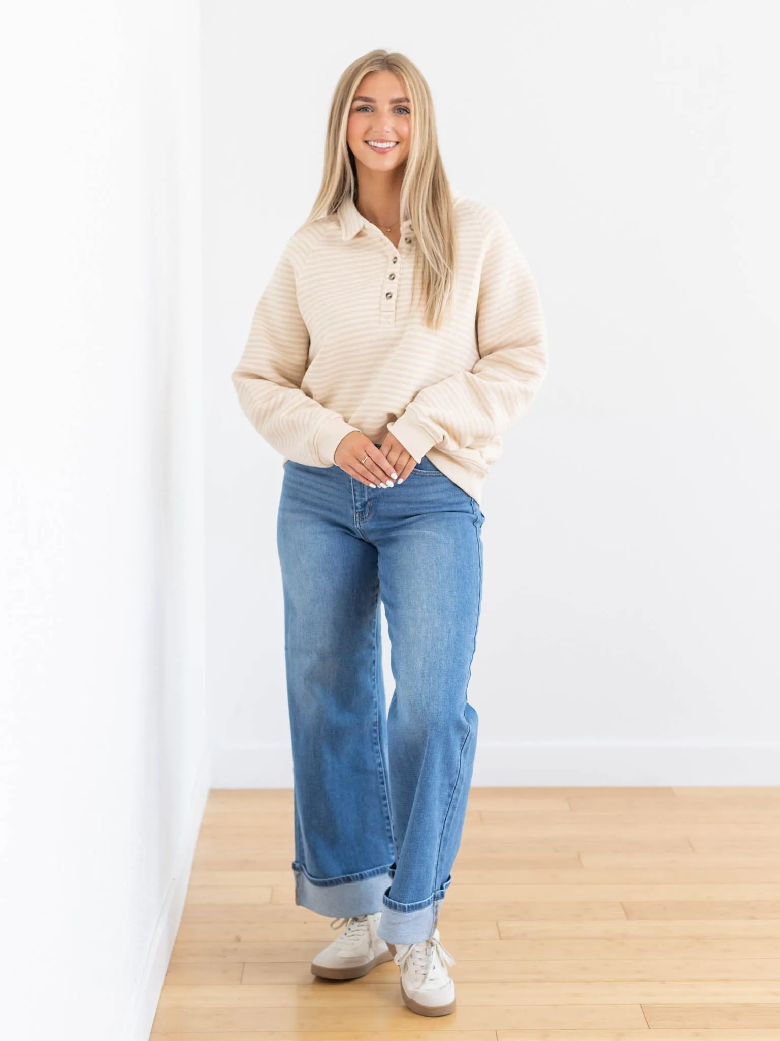 Striped Button Up Pullover Sweatshirt