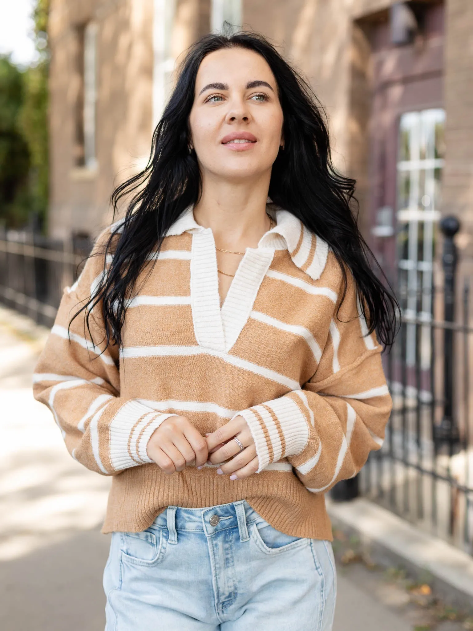 Striped V-Neck Collared Soft Sweater