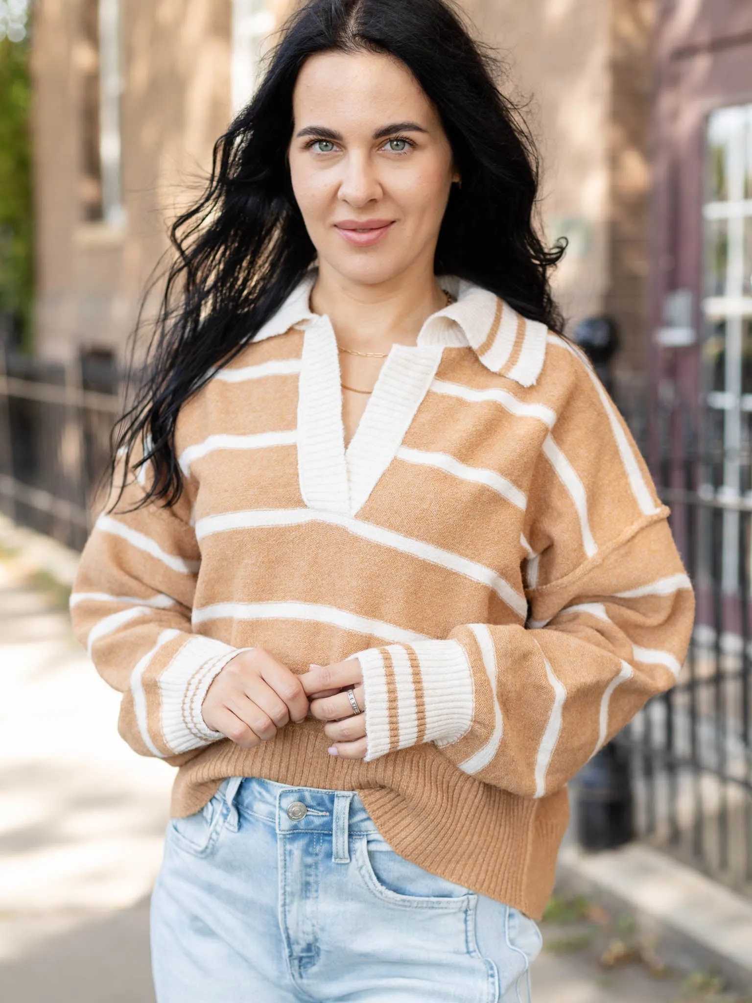 Striped V-Neck Collared Soft Sweater
