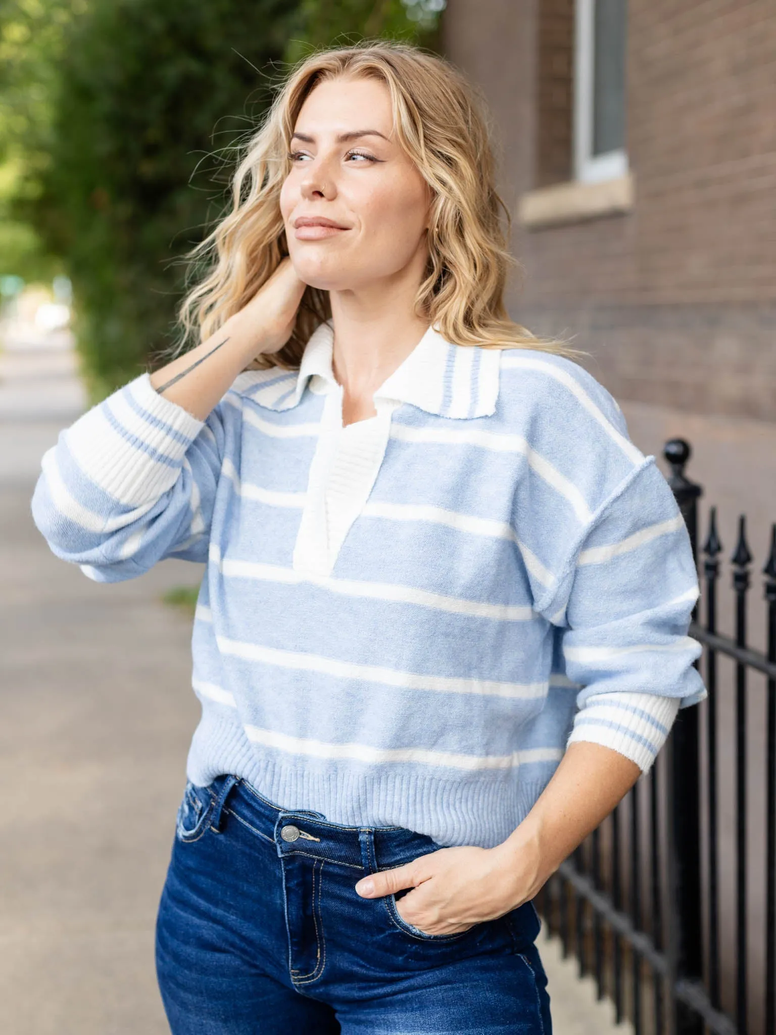 Striped V-Neck Collared Soft Sweater