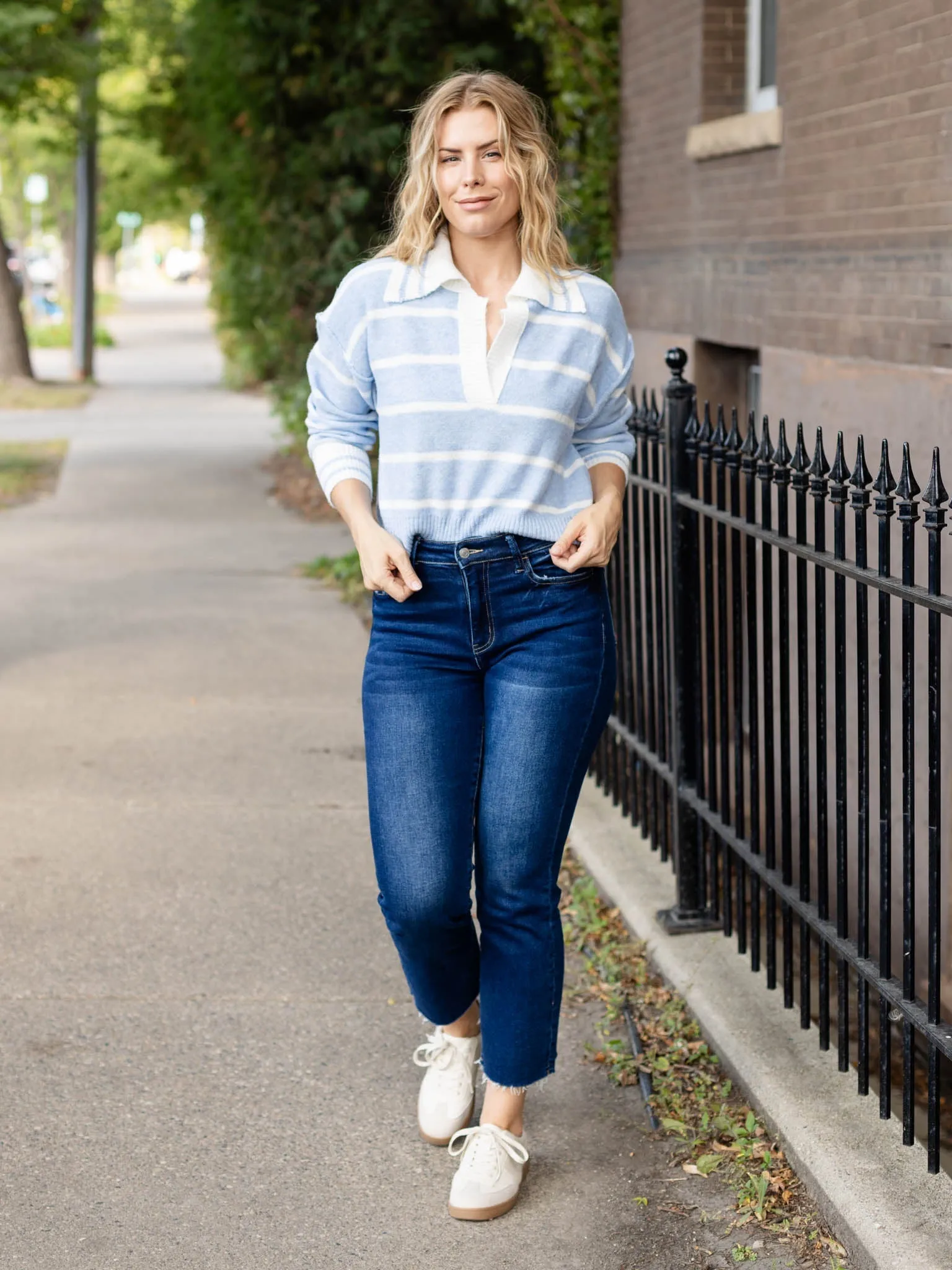 Striped V-Neck Collared Soft Sweater