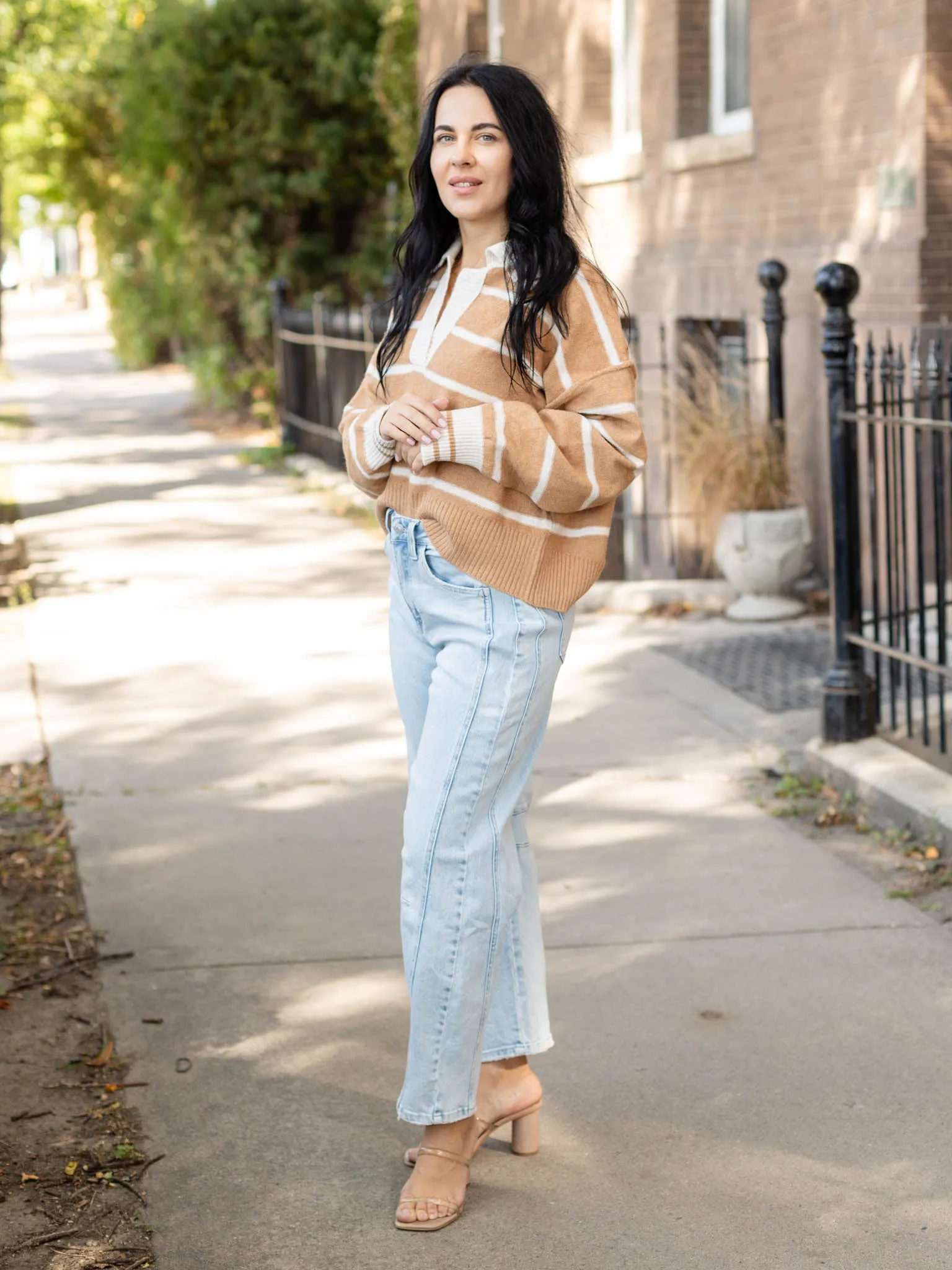 Striped V-Neck Collared Soft Sweater