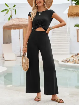 Stylish Hem Knot Design Round Neck Cap Sleeve Jumpsuit for Lady