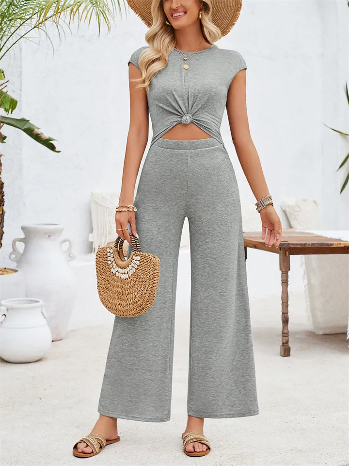 Stylish Hem Knot Design Round Neck Cap Sleeve Jumpsuit for Lady