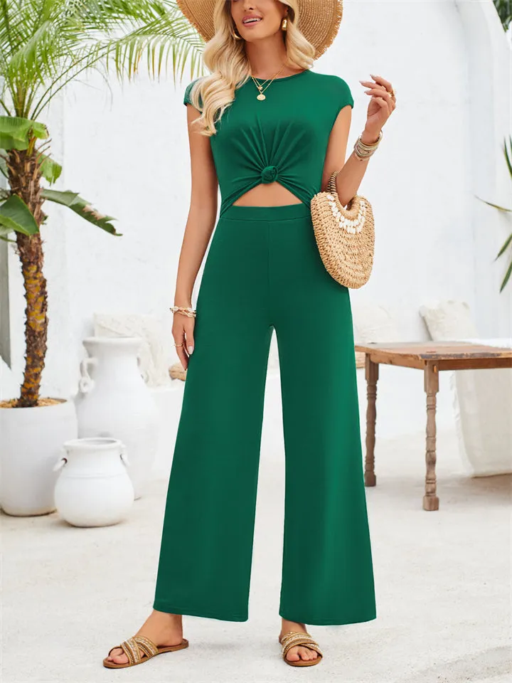 Stylish Hem Knot Design Round Neck Cap Sleeve Jumpsuit for Lady