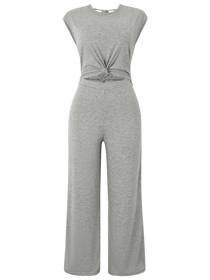 Stylish Hem Knot Design Round Neck Cap Sleeve Jumpsuit for Lady