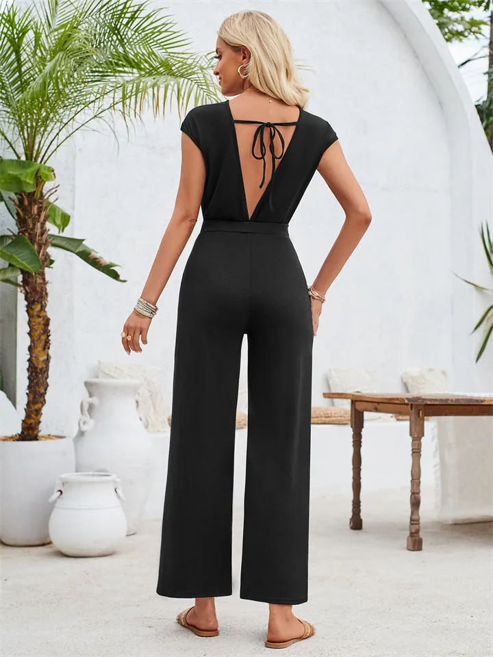 Stylish Hem Knot Design Round Neck Cap Sleeve Jumpsuit for Lady
