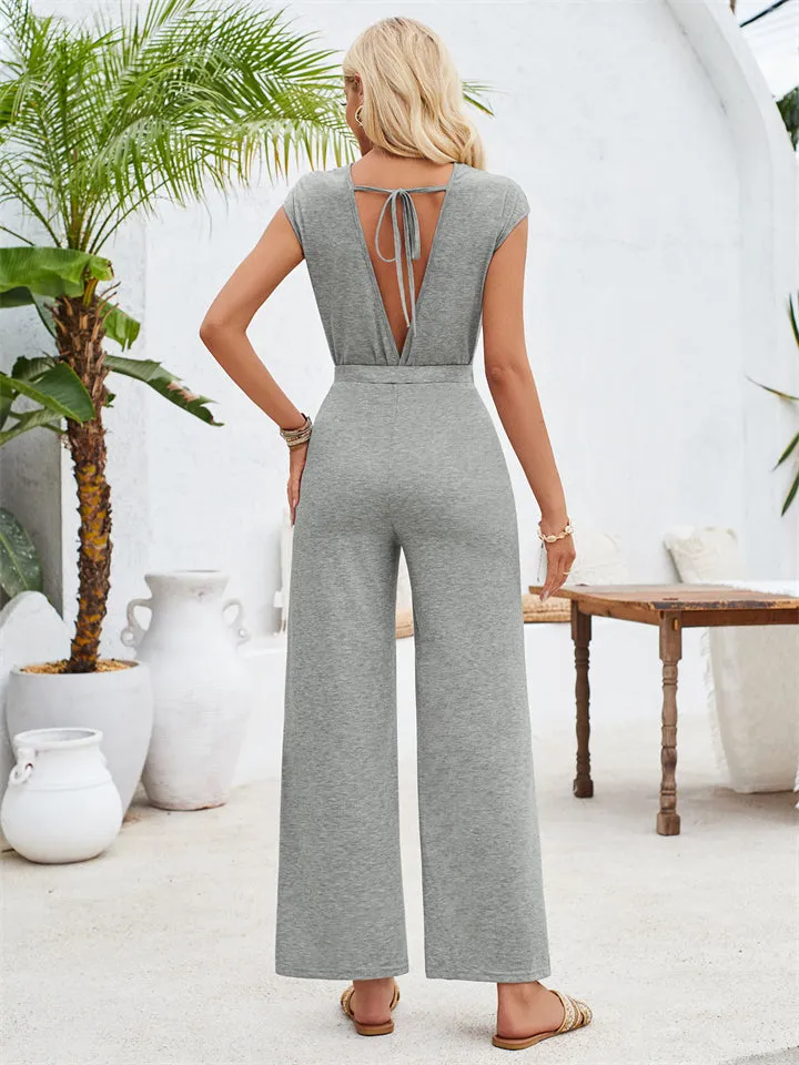 Stylish Hem Knot Design Round Neck Cap Sleeve Jumpsuit for Lady