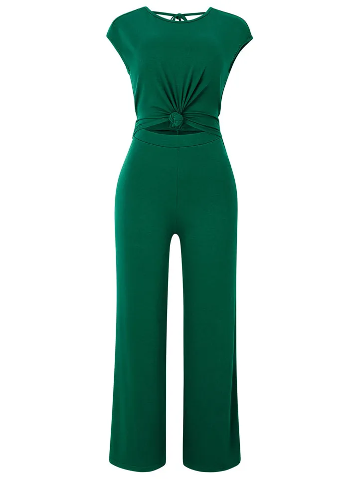 Stylish Hem Knot Design Round Neck Cap Sleeve Jumpsuit for Lady