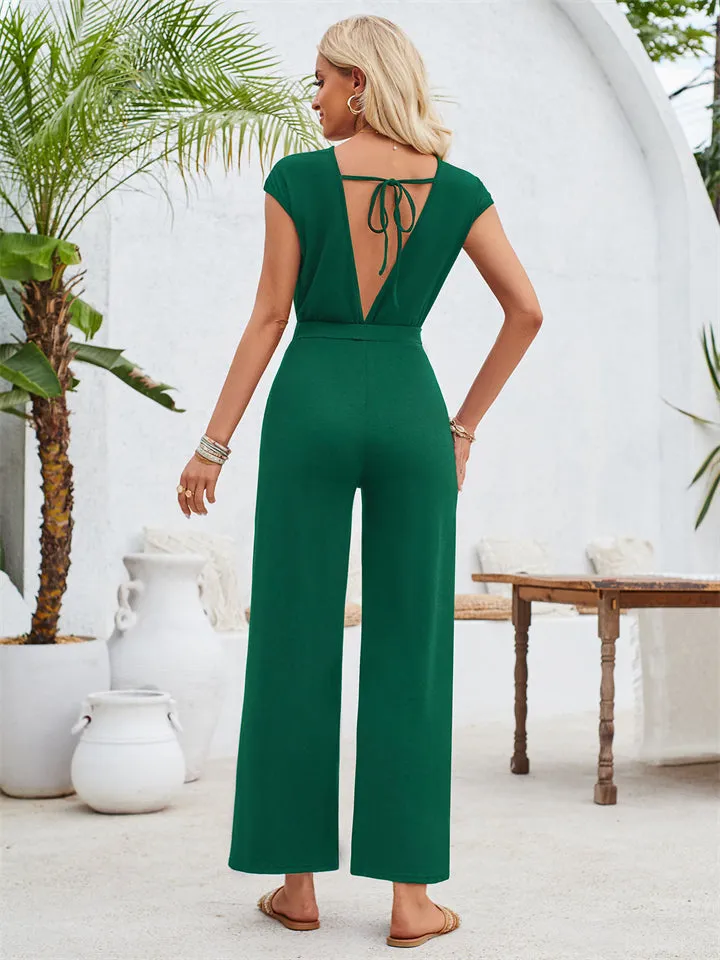 Stylish Hem Knot Design Round Neck Cap Sleeve Jumpsuit for Lady