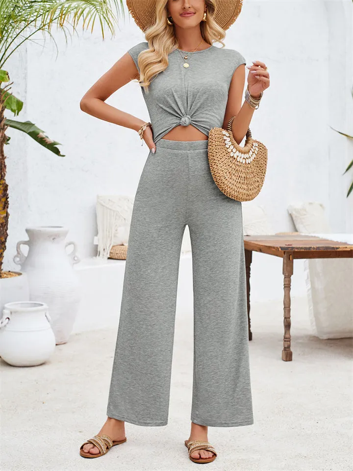 Stylish Hem Knot Design Round Neck Cap Sleeve Jumpsuit for Lady