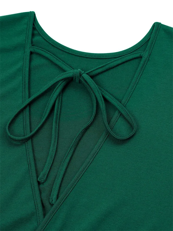 Stylish Hem Knot Design Round Neck Cap Sleeve Jumpsuit for Lady