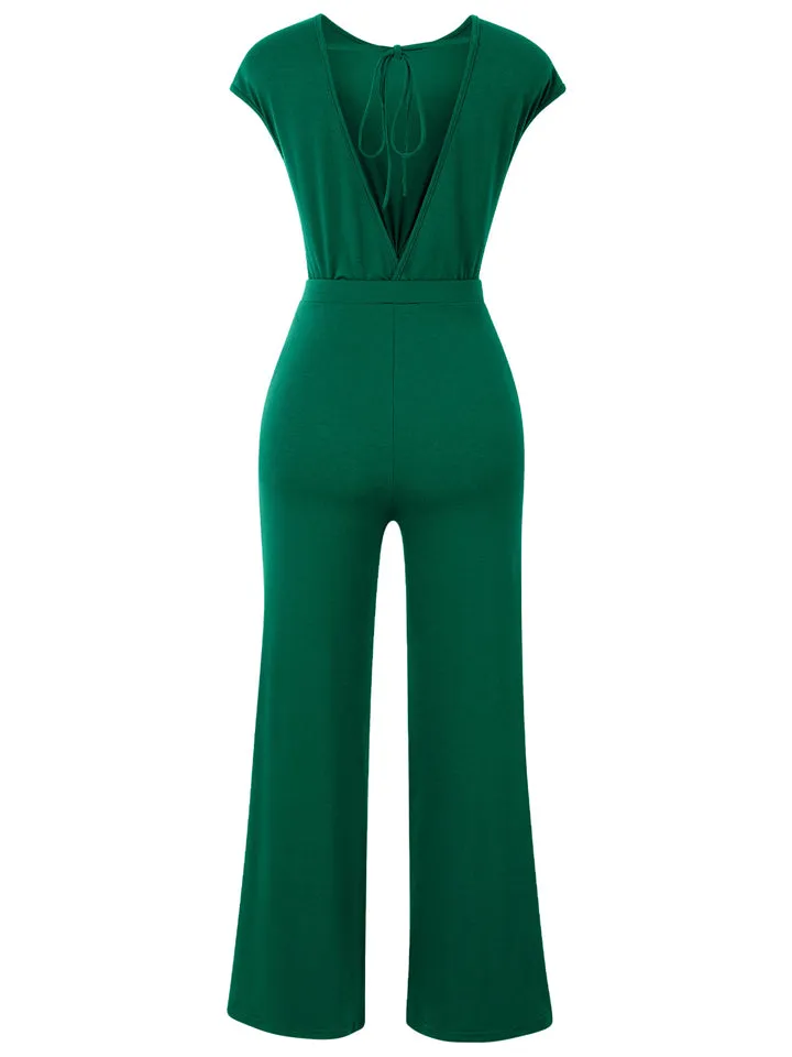 Stylish Hem Knot Design Round Neck Cap Sleeve Jumpsuit for Lady