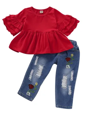 Stylish Tunic With Flower Ripped Jeans