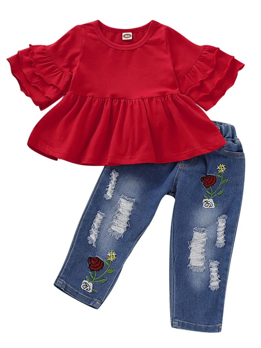 Stylish Tunic With Flower Ripped Jeans