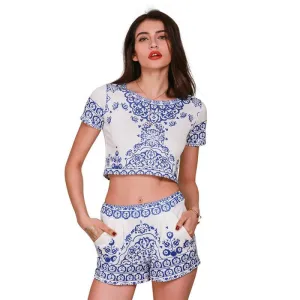 summer Blue Porcelain two piece jumpsuit Women romper short sleeve crop top shorts playsuit overalls