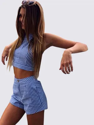 Summer Style Fashion Summer Wear Women's Blue Striped Casual Two Pieces Sleeveless Suit