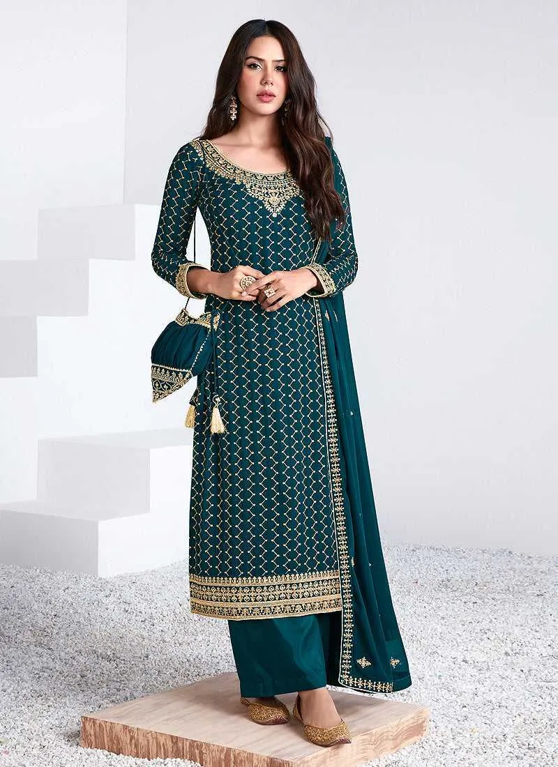 Teal And Gold Embroidered Stylish Pant Suit