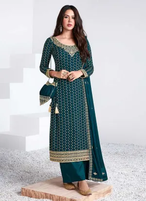 Teal And Gold Embroidered Stylish Pant Suit