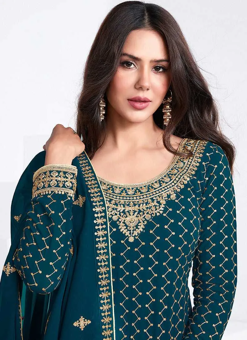 Teal And Gold Embroidered Stylish Pant Suit