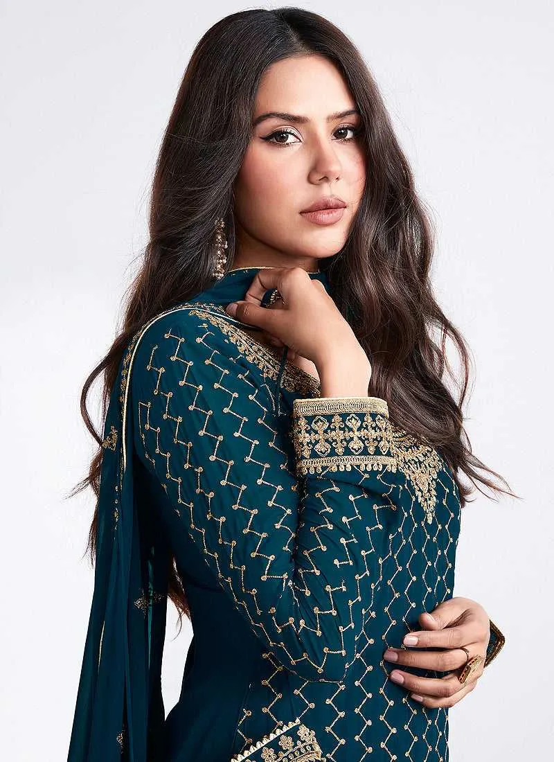 Teal And Gold Embroidered Stylish Pant Suit