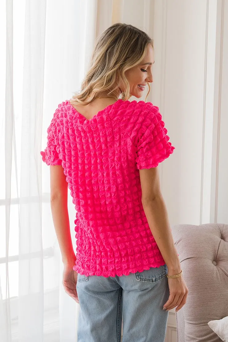 Textured Bubble Short Sleeve Top - Hot Pink by Sew In Love