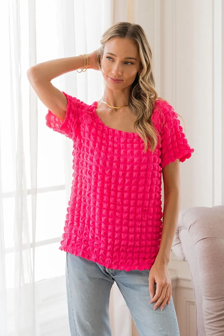Textured Bubble Short Sleeve Top - Hot Pink by Sew In Love