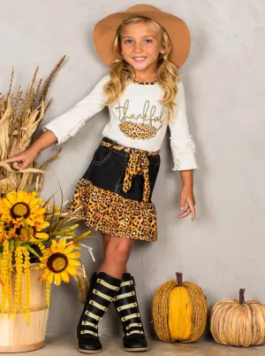 Thankful Leopard Ruffled Denim Skirt Set
