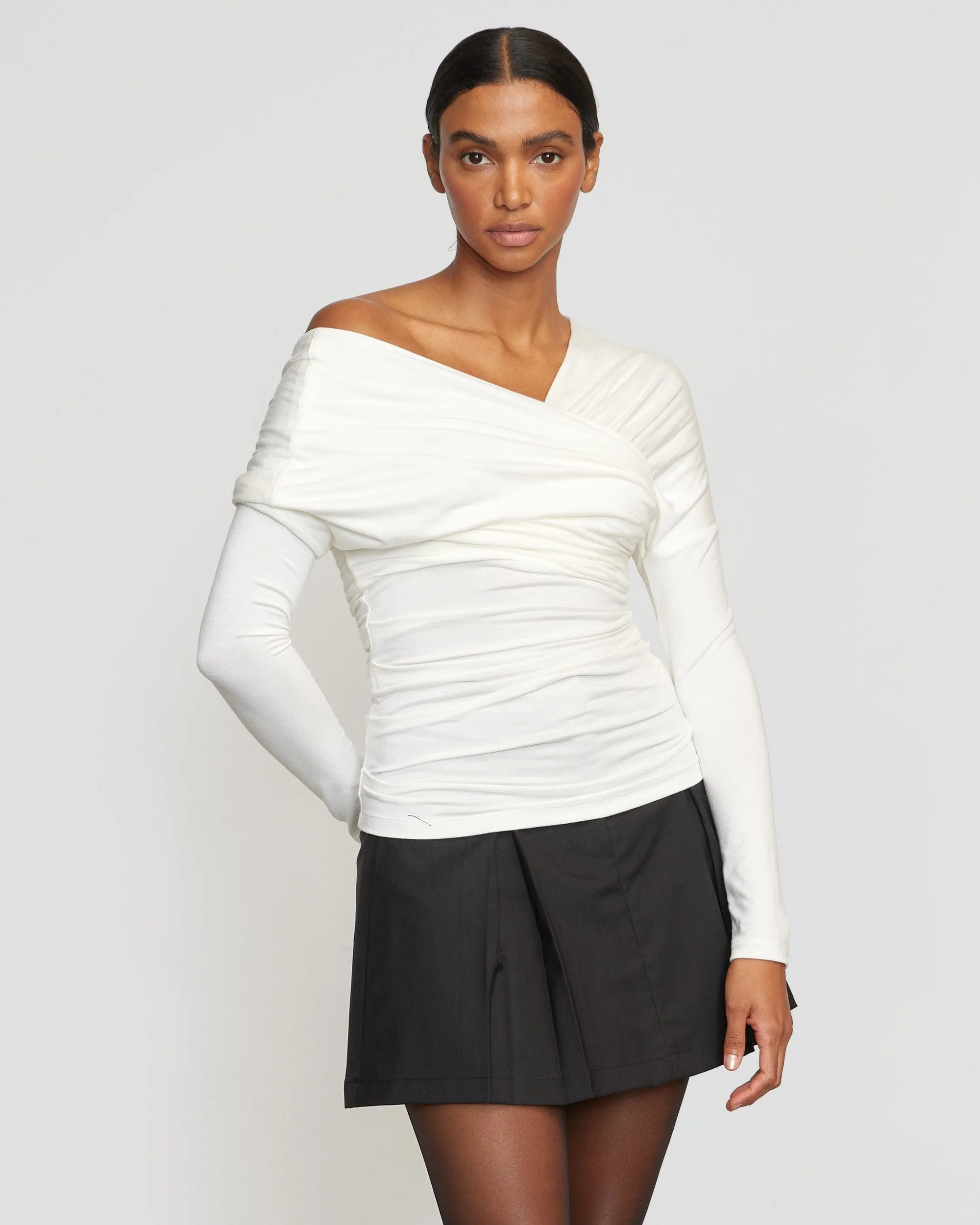 Theresa Ruched Off-Shoulder Long-Sleeve Tee
