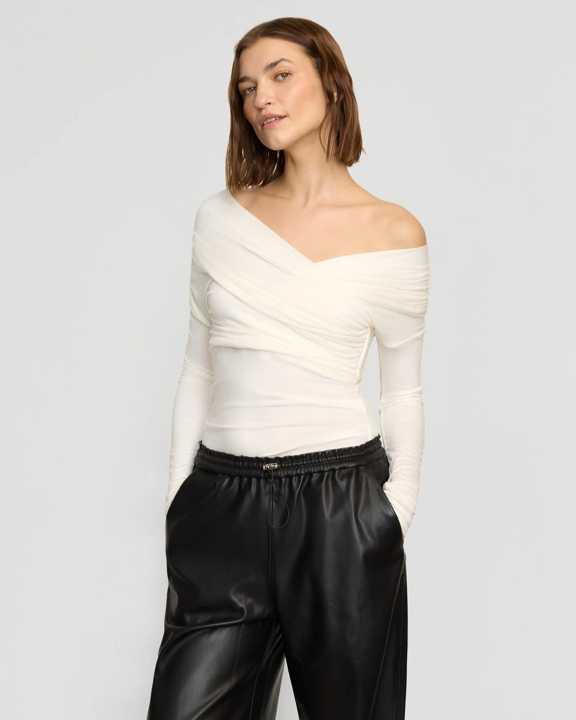 Theresa Ruched Off-Shoulder Long-Sleeve Tee