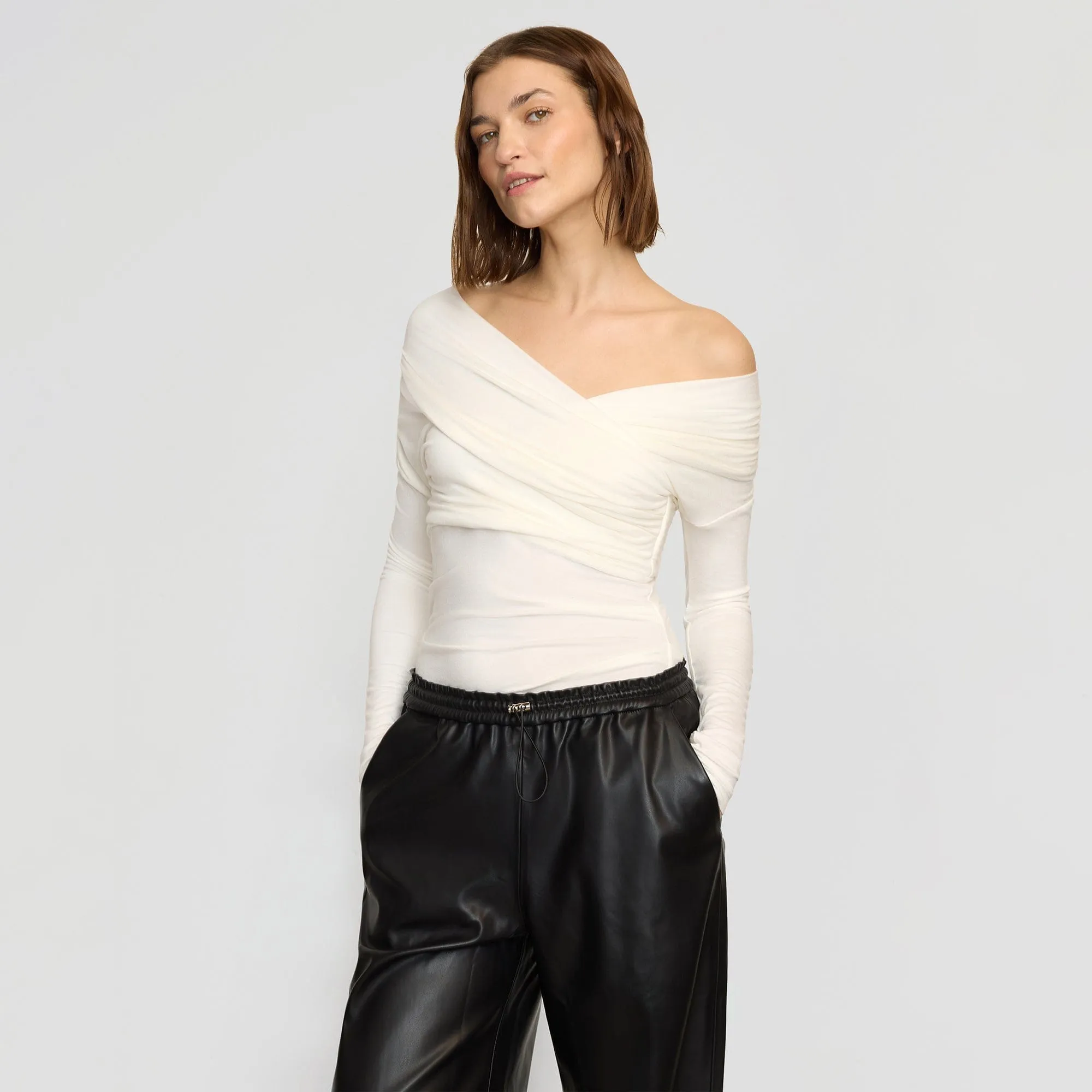 Theresa Ruched Off-Shoulder Long-Sleeve Tee