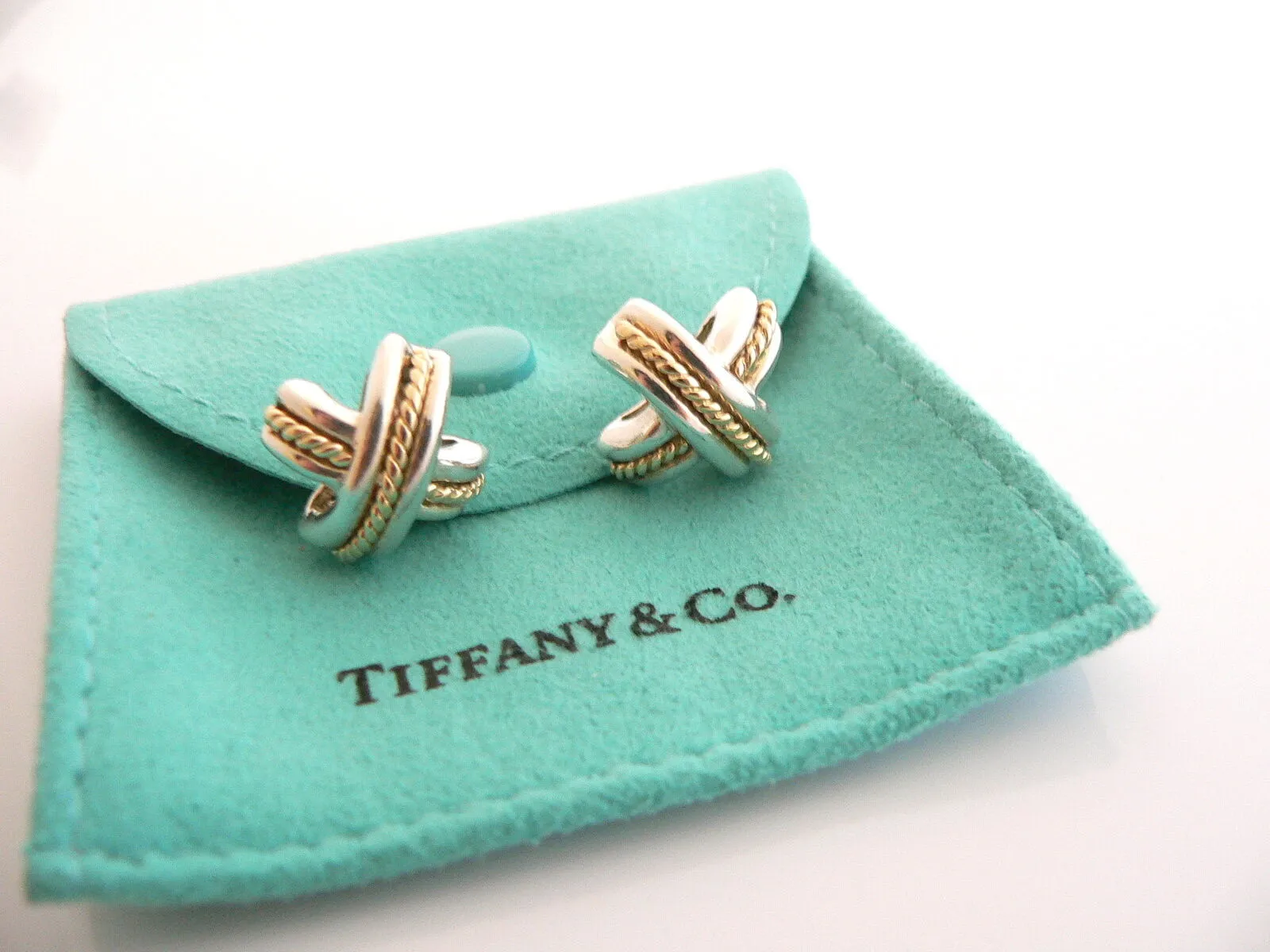 Tiffany & Co Silver 18K Gold Signature X Earrings Pierced Studs Gift Pouch Love