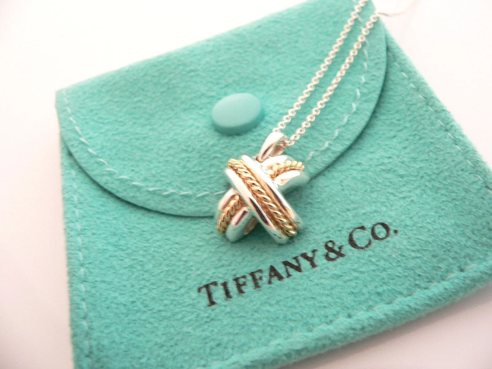 Tiffany & Co Silver 18K Gold Signature X Necklace Pendant Gift Pouch Love Pouch