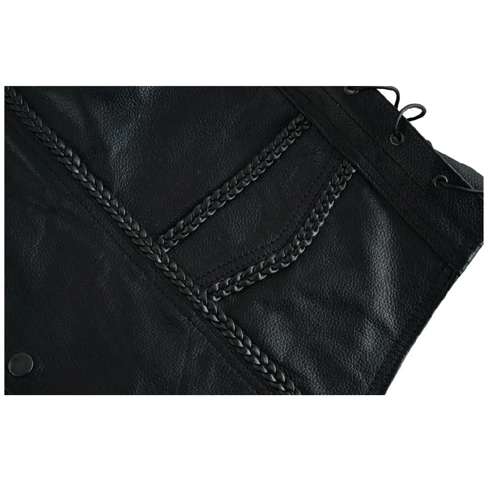 Tuff Gear Motorcycle Cowhide Braided Leather Vest Black - V4