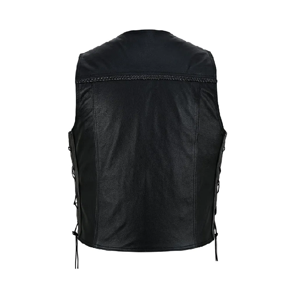 Tuff Gear Motorcycle Cowhide Braided Leather Vest Black - V4