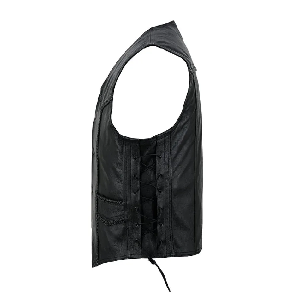 Tuff Gear Motorcycle Cowhide Braided Leather Vest Black - V4